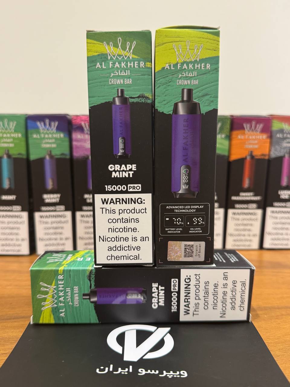 ویپ یکبار مصرف الفاخر انگور نعنا Al Fakher Crown Bar Grape Mint 15000 Puff Pro با نمایشگر LED