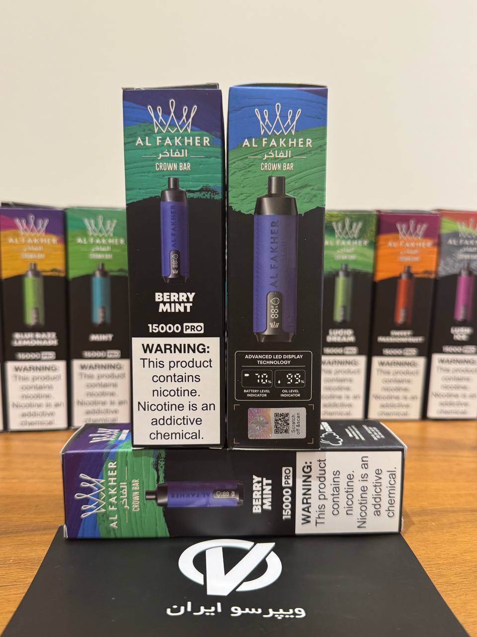 ویپ یکبار مصرف الفاخر بری نعنا Al Fakher Crown Bar Berry Mint 15000 Puff Pro با مانیتور LED