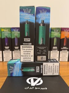 ویپ یکبار مصرف الفاخر وایت فلش Al Fakher Crown Bar White Flash 15000 Puff Pro با نمایشگر دیجیتال و طعم خنک