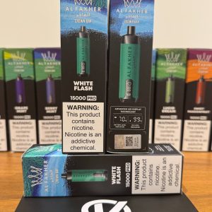 ویپ یکبار مصرف الفاخر وایت فلش Al Fakher Crown Bar White Flash 15000 Puff Pro با نمایشگر دیجیتال و طعم خنک