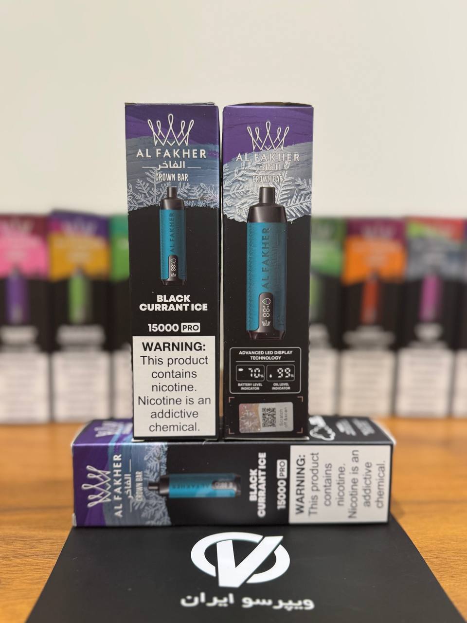 ویپ یکبار مصرف الفاخر بلک کارنت آیس Al Fakher Crown Bar Black Currant Ice 15000 Puff Pro با مانیتور LED